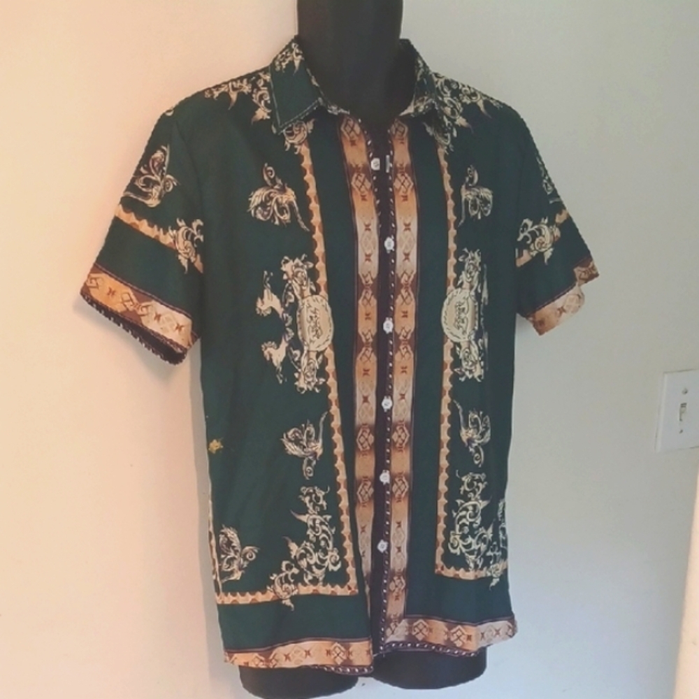 MANFINITY Dark Green and Cream Ornate Patterned Shirt, M - Picture 2 of 6